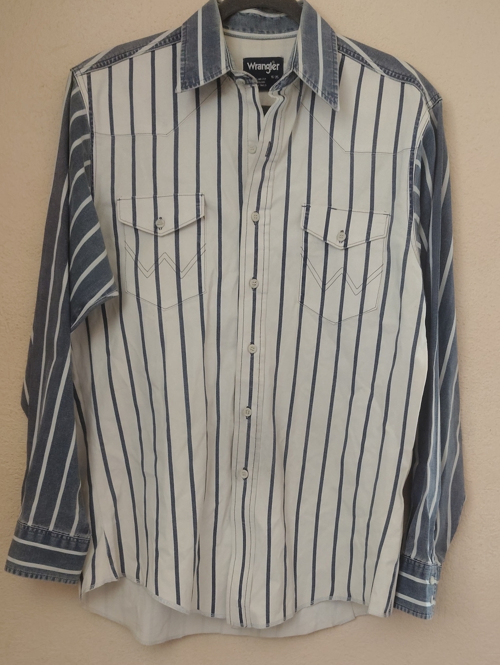 Vintage 90s Wrangler Striped Western Shirt Denim Sleeves Size 16-35 Large